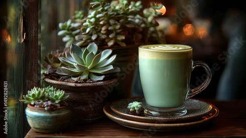 Wallpaper Mural Matcha latte next to potted succulents by a dark window Torontodigital.ca