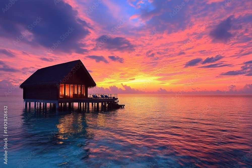 Idyllic overwater bungalow at sunset with stunning sky colors and tranquil sea, Idyllic Overwater Bungalow at Sunset with Stunning Sky Idyllic overwater bungalow at sunset with stunning sky colors and tranquil sea, Idyllic Overwater Bungalow at Sunset with Stunning Sky