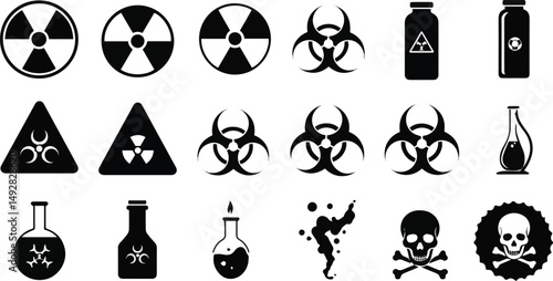 Create a kinds of nuclear Radiation chemical biological icon set, Toxic sign, Biohazard symbol, Vector illustration silhouette with white background.