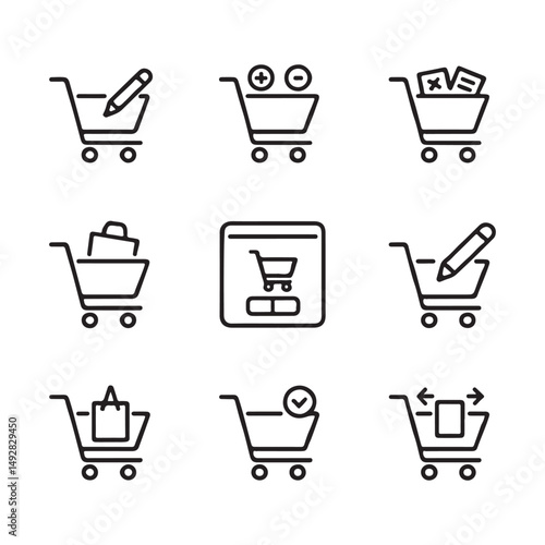 Edit and Update Shopping Cart Icons. Simple Line Icons Depicting E-commerce and User Actions
