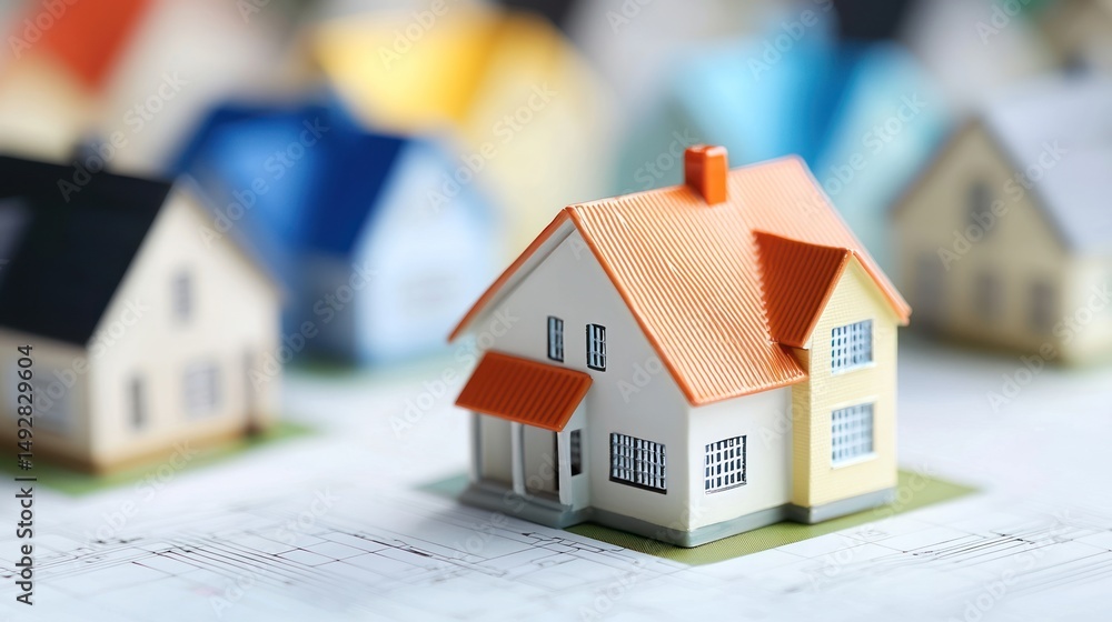 A miniature model of a house with a red roof and white walls, placed on a blueprint with other miniature houses in the background. A miniature model of a house with a red roof and white walls, placed on a blueprint with other miniature houses in the background.