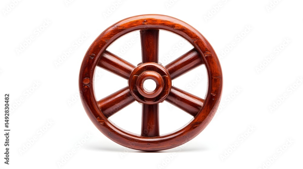 Obraz premium Richly-toned, dark-red wooden wheel with six spokes and a central hub, isolated on white