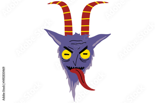 Cartoon krampus character. Crampus face scary christmas demon for naughty kids. Print for t-shirt, sticker. Stock vector illustration isolated on white background.