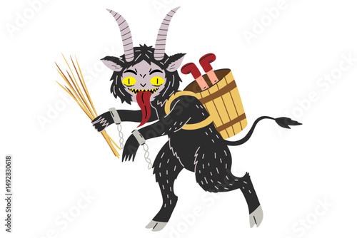 Crampus scary christmas demon for naughty kids. Cartoon krampus character. Print for t-shirt, sticker. Stock vector illustration isolated on white background.