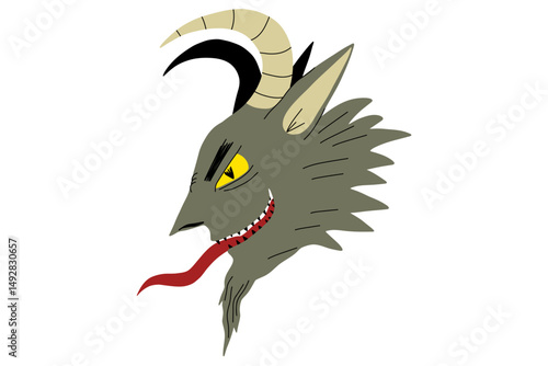 Cartoon krampus illustration. Cartoon krampus character. Crampus face scary christmas demon for naughty kids. Print for t-shirt, sticker. Stock vector illustration isolated on white background.