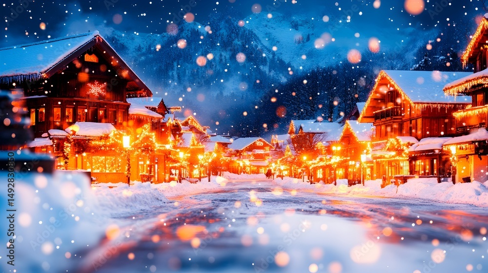 Fototapeta premium Snowy alpine village at night, illuminated with warm lights, snow falling, mountains in background