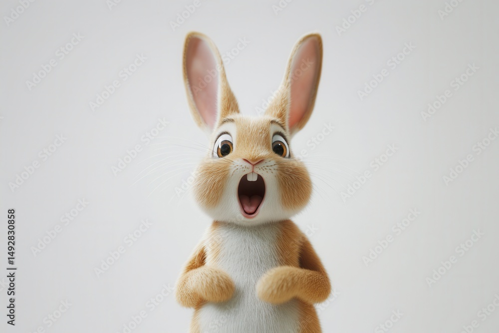 Fototapeta premium A Surprised Animated Bunny with Big Ears and Wide Eyes Standing Against a White Background, Captured in a Playful and Expressive Pose