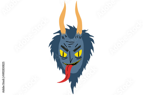 Halloween demon devil. Scary face. Cartoon krampus illustration. Sticker print logo icon. Stock vector illustration isolated on white background.