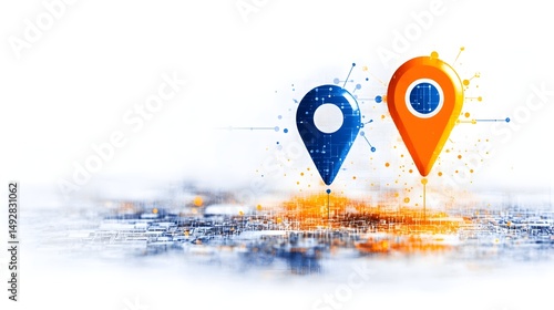 Two 3D location markers, blue and orange, connected by glowing lines, sit atop a circuit board-like surface against a white background