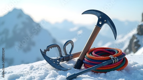 Essential Alpine Climbing Gear: Ice Axes and Rope on Snowy Mountain Top for Mountaineering Adventure
