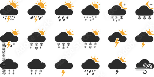 Create a kinds of Weather icons set in line style, Weather isolated on white background. Clouds logo and sign, vector illustration silhouette with white background.