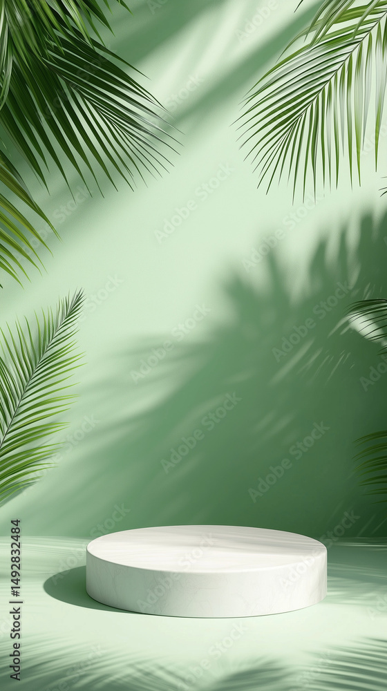 Green palm leaves with shadows and empty product display podium Green palm leaves with shadows and empty product display podium