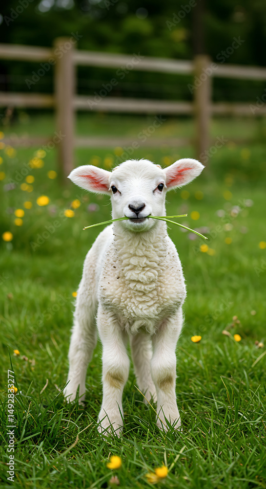 Fototapeta premium little lamb on the meadow, Cute Baby Lamb Eating Grass in Spring Meadow