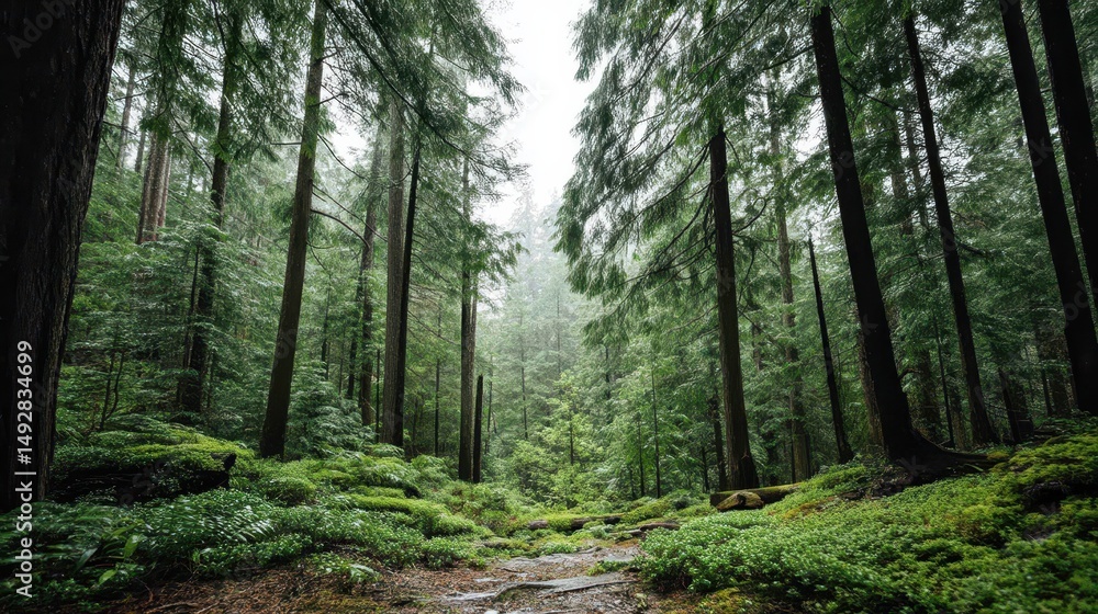 Obraz premium Natural Forest Scene in Heavy Rain