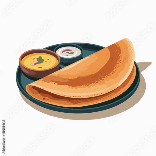 Crispy Dosa with Sambar and Coconut Chutney – Vector Illustration