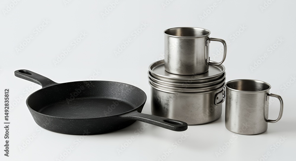 Black Speckled Skillet with Stainless Steel Camping Cookware Stacked on Isolated White Background Black Speckled Skillet with Stainless Steel Camping Cookware Stacked on Isolated White Background