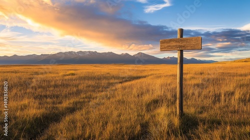 Golden prairie landscape with wooden trail sign pointing towards mountains under dramatic sunset. Concept of adventure, exploration and untouched natural beauty in wilderness.