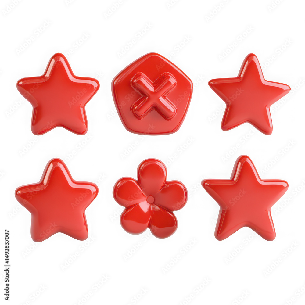 Red glossy 3d shapes stars flower cross icons Red glossy 3d shapes stars flower cross icons