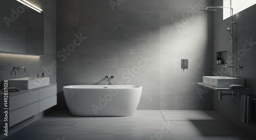 Modern Minimalist Bathroom Interior Design Freestanding Tub Grey Tiles and Sleek Fixtures
