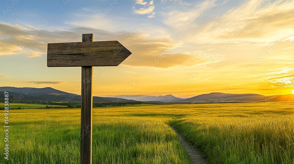 Golden prairie landscape with wooden trail sign pointing towards mountains under dramatic sunset. Concept of adventure, exploration and untouched natural beauty in wilderness. Golden prairie landscape with wooden trail sign pointing towards mountains under dramatic sunset. Concept of adventure, exploration and untouched natural beauty in wilderness.