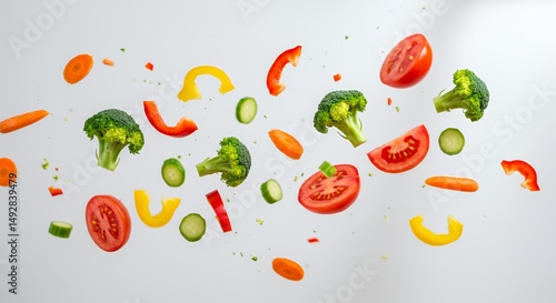 Wallpaper Mural Floating Fresh Chopped Vegetables Broccoli Carrots Peppers Tomatoes Isolated on Clean White Background Torontodigital.ca