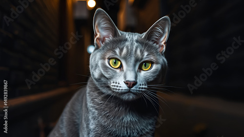 Gray cat with yellow-green eyes sitting in a dimly lit urban alleyway