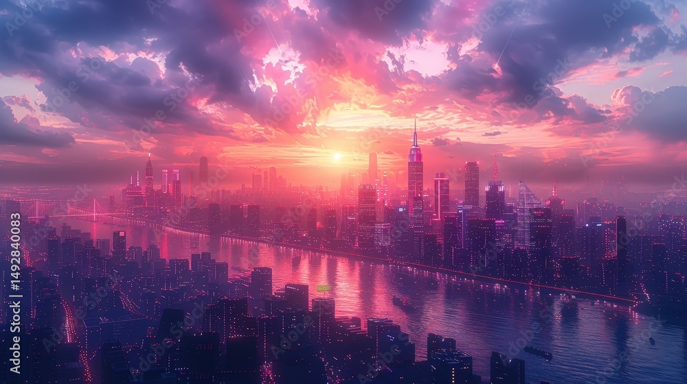 Fototapeta premium Radiant Twilight A Futuristic Cityscape Bathed in Cinematic Light and Dramatic Sky