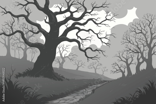 57 spooky haunted forest, ominous clouds, gnarled twisted trees, dark moody atmospheric landscape, dramatic lighting, gothic horror style, intricate detailed digital painting