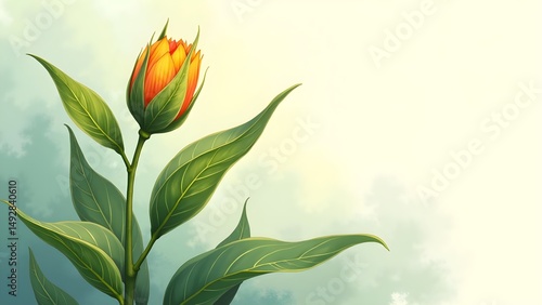Elegant floral design with vibrant yellow orange flower buds and fresh green leaves