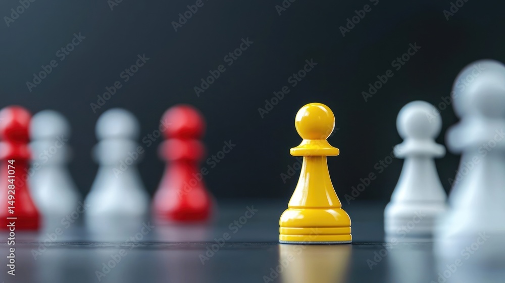A yellow pawn stands out against a black background, surrounded by white and red pawns, with a blurred background of more pawns. A yellow pawn stands out against a black background, surrounded by white and red pawns, with a blurred background of more pawns.