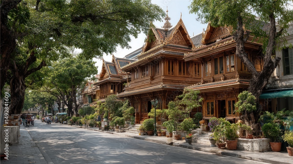 Fototapeta premium Charming Thai Architecture on Tree-Lined Street in Old City, Bangkok