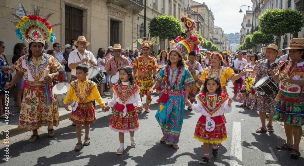 Naklejka premium Vibrant Latin American Carnival Parade Children in Traditional Costumes Dancing and Playing Drums