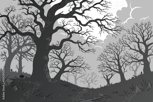 57 spooky haunted forest, ominous clouds, gnarled twisted trees, dark moody atmospheric landscape, dramatic lighting, gothic horror style, intricate detailed digital painting