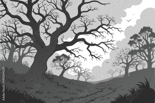 57 spooky haunted forest, ominous clouds, gnarled twisted trees, dark moody atmospheric landscape, dramatic lighting, gothic horror style, intricate detailed digital painting