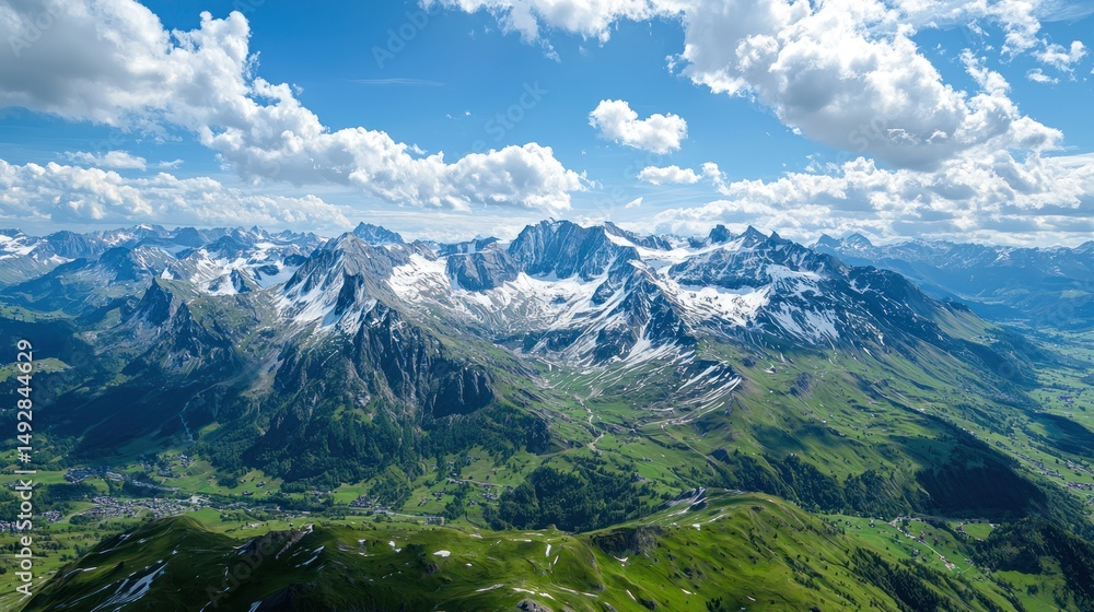 Naklejka premium A stunning aerial view of the Swiss Alps, with snow-capped peaks and green valleys