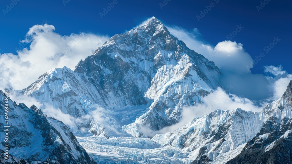 Obraz premium A stunning ice-covered mountain peak against a bright blue sky, with frozen glaciers in the foreground
