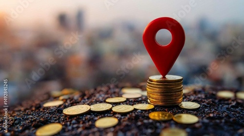 Demand for prime location land illustrated by pin and coins.