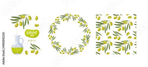 Olive Oil. Frame, seamless pattern, design elements. Green branches with fruits. Vegetable for Mediterranean, vegan diet, organic cosmetics, packaging, lable. Flat design isolated on white background.
