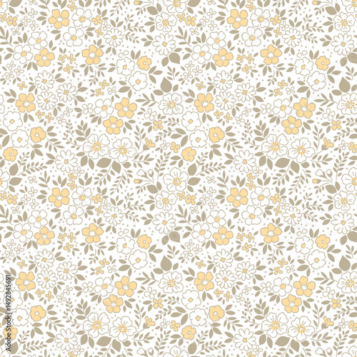 Floral pattern. Cute flowers on ivory cream background. Printing with small pale yellow flowers, gray leaves. Ditsy print. Seamless vector texture. Spring bouquet. Stock pattern. Vintage template