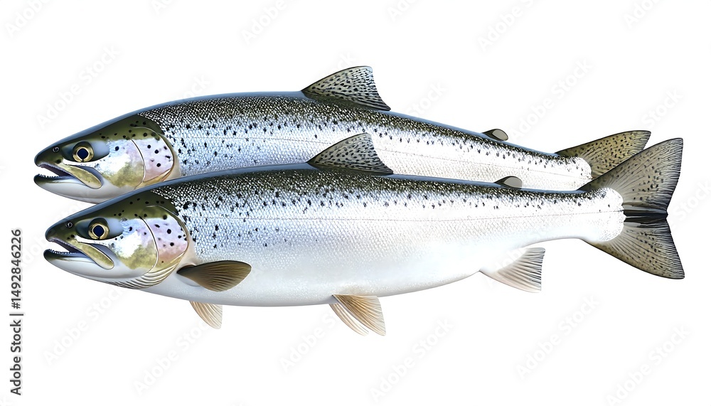 Obraz premium Two Salmon Fish, Fresh Seafood, Close-up - Realistic illustrations