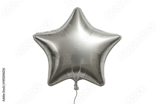 Metallic silver star-shaped helium balloon suspended by string, festive party decoration against clear backdrop