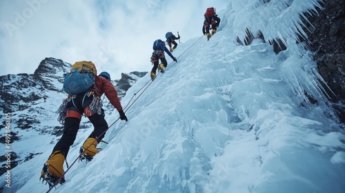 A team of climbers ascending an icy slope, using ropes and crampons