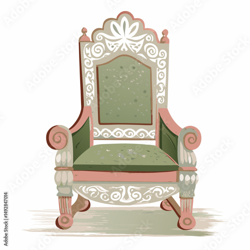 Whimsical illustration of an ornate vintage armchair with elegant carvings and pastel colors evoking a sense of historical grandeur and artistic charm.