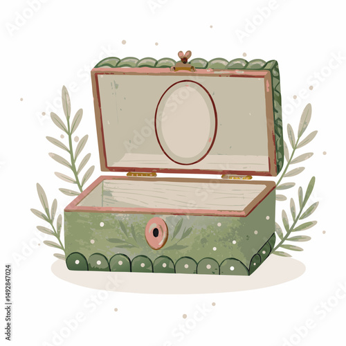 Whimsical vintage jewelry box illustration with floral accents and an open lid, evoking a nostalgic treasure chest filled with secrets and memories.
