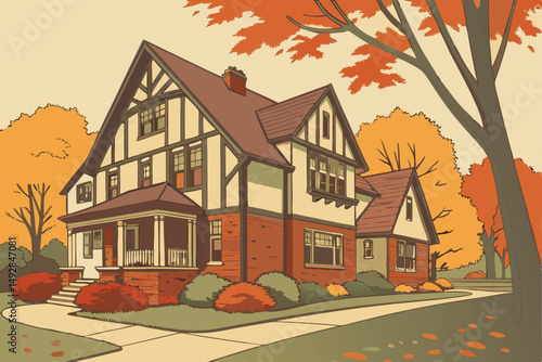 58 tudor revival style house, ornate facade, gabled roof, half-timbered detailing, brick and stucco construction, landscaped yard, autumn foliage, residential neighborhood