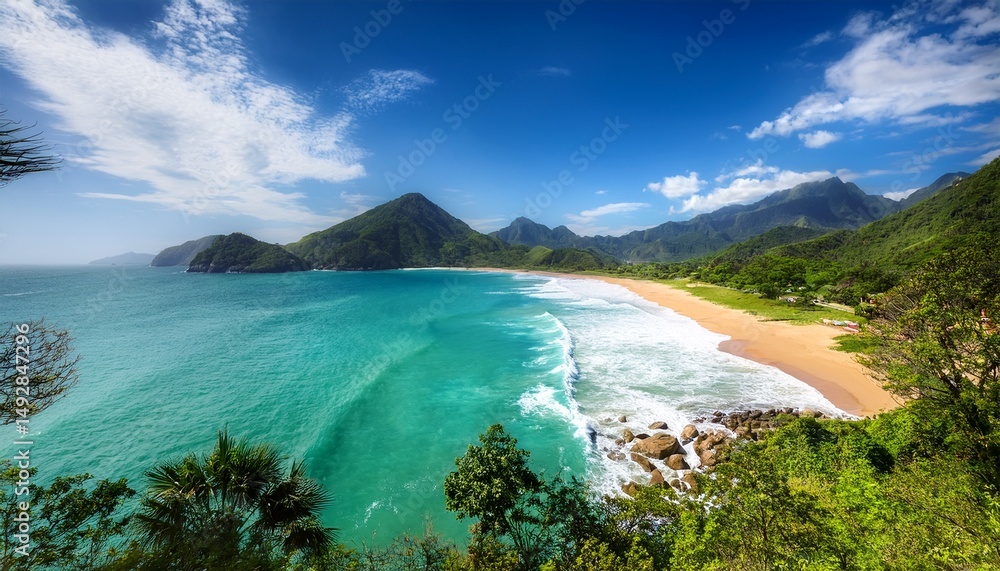 Fototapeta premium tropical beach paradise scenic ocean waves lush greenery vibrant coastline and idyllic mountains for a relaxing summer adventure in nature s serene wilderness
