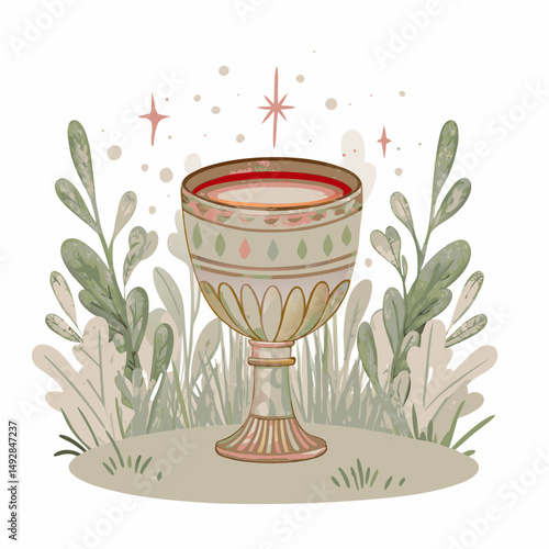 Illustration of an ornate goblet surrounded by lush greenery and twinkling stars, symbolizing enchantment and mysticism in a whimsical nature-inspired setting.