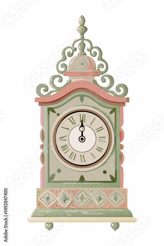 Ornate Vintage Clock Illustration with Pastel Colors and Roman Numerals Symbolizing Elegance and the Passage of Time in a Classic Antique Design