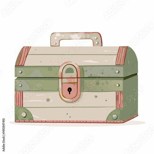 Whimsical Vintage Suitcase Illustration Evoking Adventure and Nostalgia in Muted Green and Pink Hues with a Sturdy Handle and Prominent Lock Symbolizing Travel Secrets