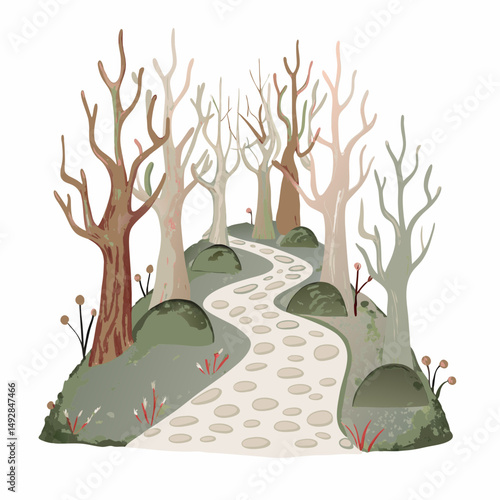Enchanted Forest Pathway with Leafless Trees and Stone Trail Symbolizing Mystery and Adventure in a Tranquil Woodland Setting